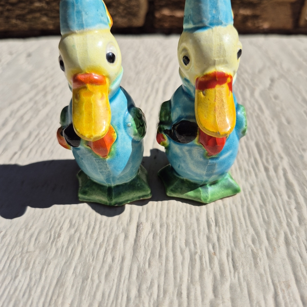 Vintage Anthoropomorphic Duck Salt Pepper Shakers Hand Painted Japan Need Corks